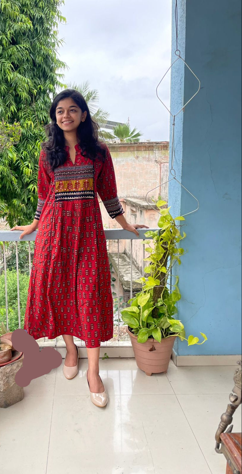cotton  neck pattern dress