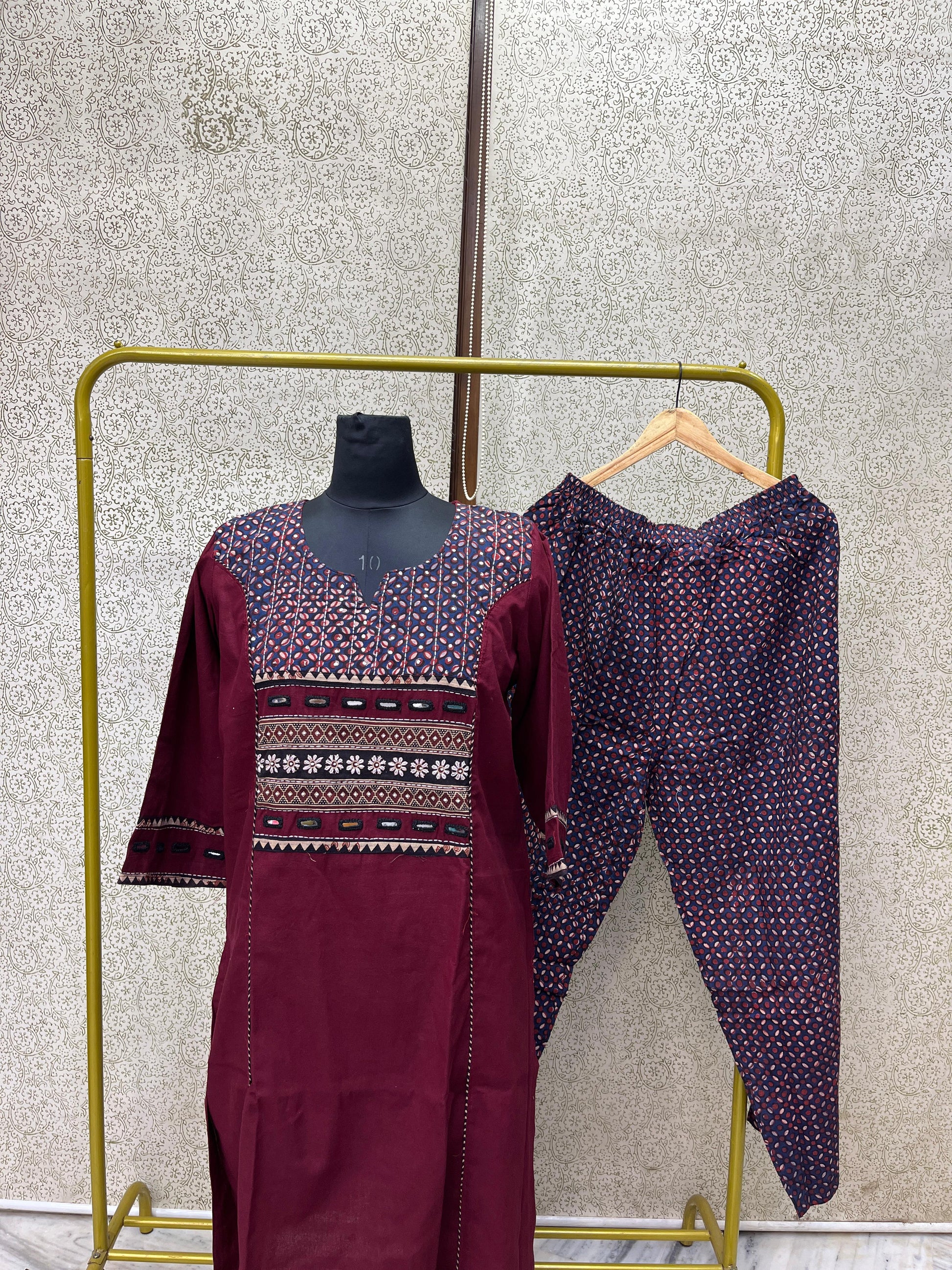 Hand Embroidery and Mirror Work Pure Cotton Kurta Pant Set