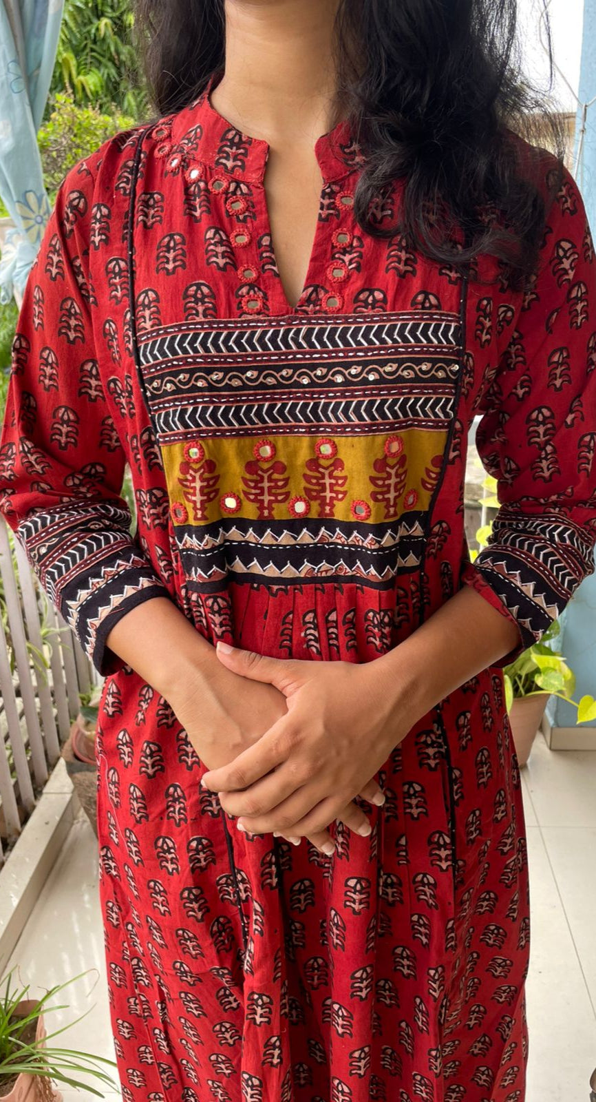 cotton  neck pattern dress