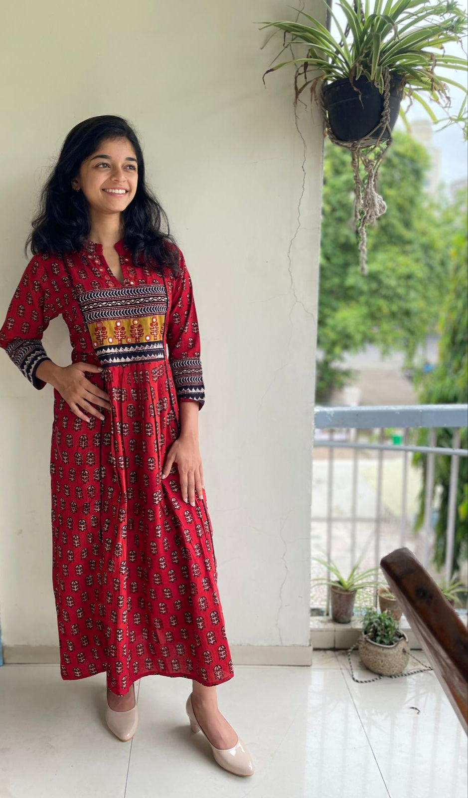 cotton  neck pattern dress